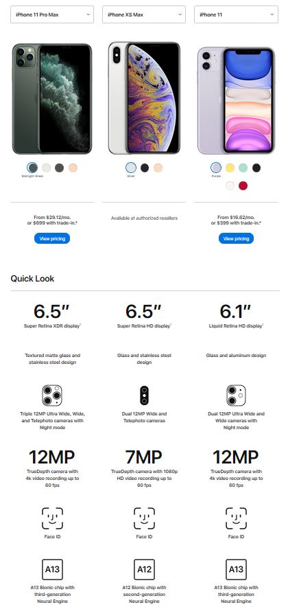 Comparaison entre iPhone 11, iPhone 11 Pro et iPhone XS