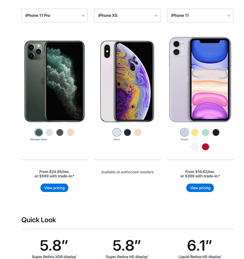 Comparaison entre iPhone 11, iPhone 11 Pro et iPhone XS