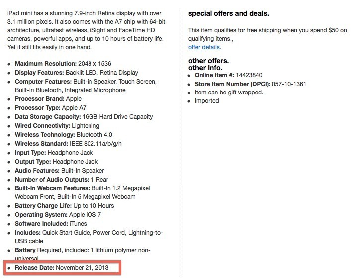 Date de livraison de l’iPad Mini, mise à jour de l’iPad Air ipad mini 2 expédition