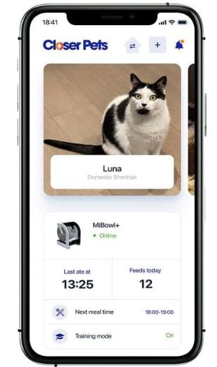 Distributeur automatique de nourriture pour animaux MiBowl+ compatible iOS, spécialement conçu pour les régimes prescrits
