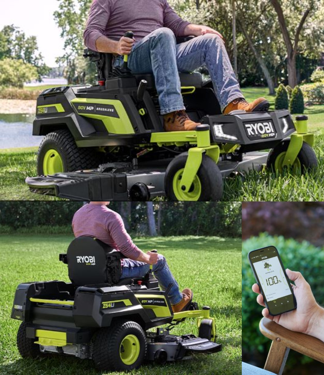 Tondeuse autoportée électrique RYOBI 80V HP de 137 cm avec connexion application et fonction de virage en U instantané