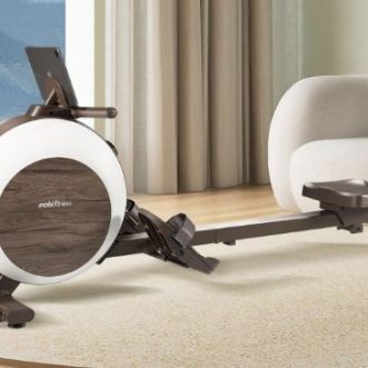 Rameur connecté Mobifitness Luka avec design en grain de bois